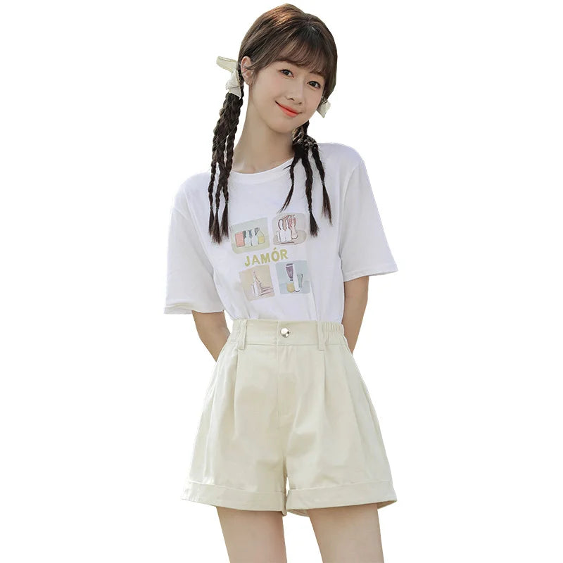 Spring Summer High Waist Solid Student Cotton Shorts Women Fashion Casual Versatile Button Pleated Short Pants Simplicity Korean