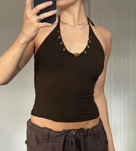 Vintage Chic Eyelet With Bead Lace-Up Halter Camis Women Brown Backless Summer Mini Cropped Tops Skinny Solid Clothes