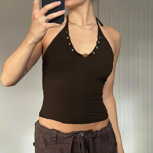 Load image into Gallery viewer, Vintage Chic Eyelet With Bead Lace-Up Halter Camis Women Brown Backless Summer Mini Cropped Tops Skinny Solid Clothes
