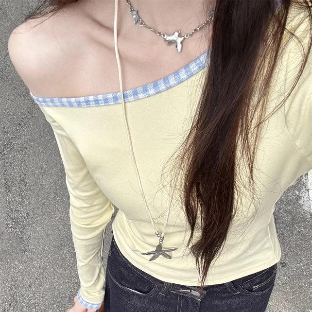 Women Streetwear Vintage Plaid Patchwork Tees Y2k Aesthetic Skew Collar Casual Loose T Shirts Spring Harajuku Grunge Crop Tops