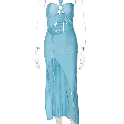 Load image into Gallery viewer, Women Solid Color Spliced Bodycon Hollow Out Collar Style Fashion Split Dress Slim Fit Party Club Evening Dress 2024
