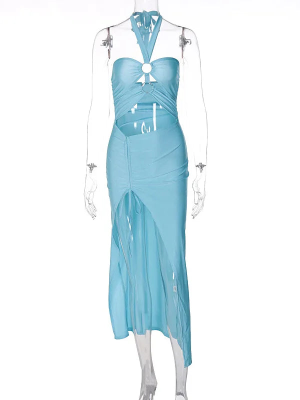 Women Solid Color Spliced Bodycon Hollow Out Collar Style Fashion Split Dress Slim Fit Party Club Evening Dress 2024