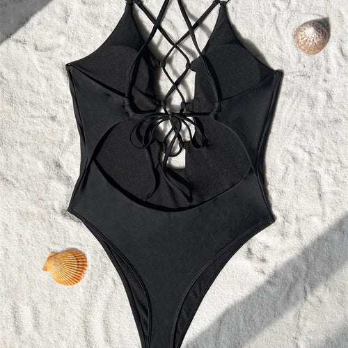 Load image into Gallery viewer, Lace Up One Piece Swimsuit Women 2025 Black Drawstring Monokini Sexy Hollow Out Swimwear Halter Bathing Suit
