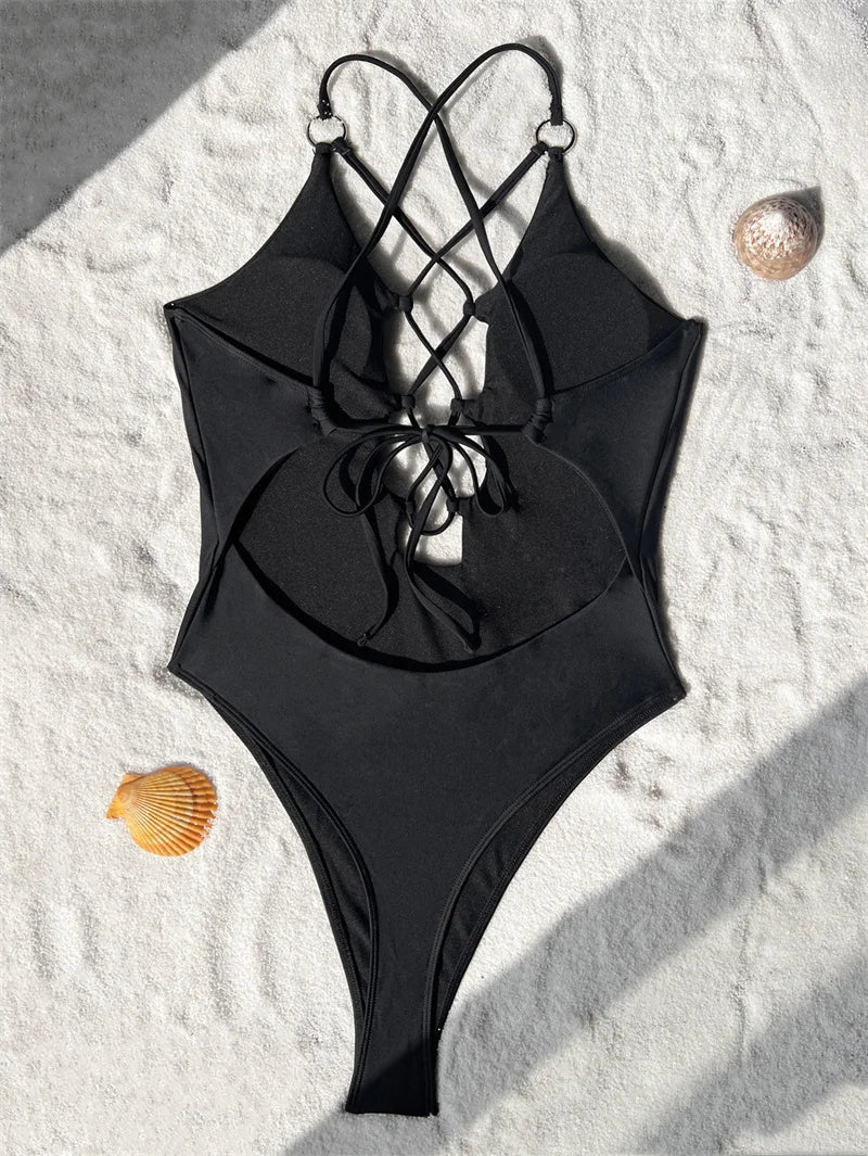 Lace Up One Piece Swimsuit Women 2025 Black Drawstring Monokini Sexy Hollow Out Swimwear Halter Bathing Suit