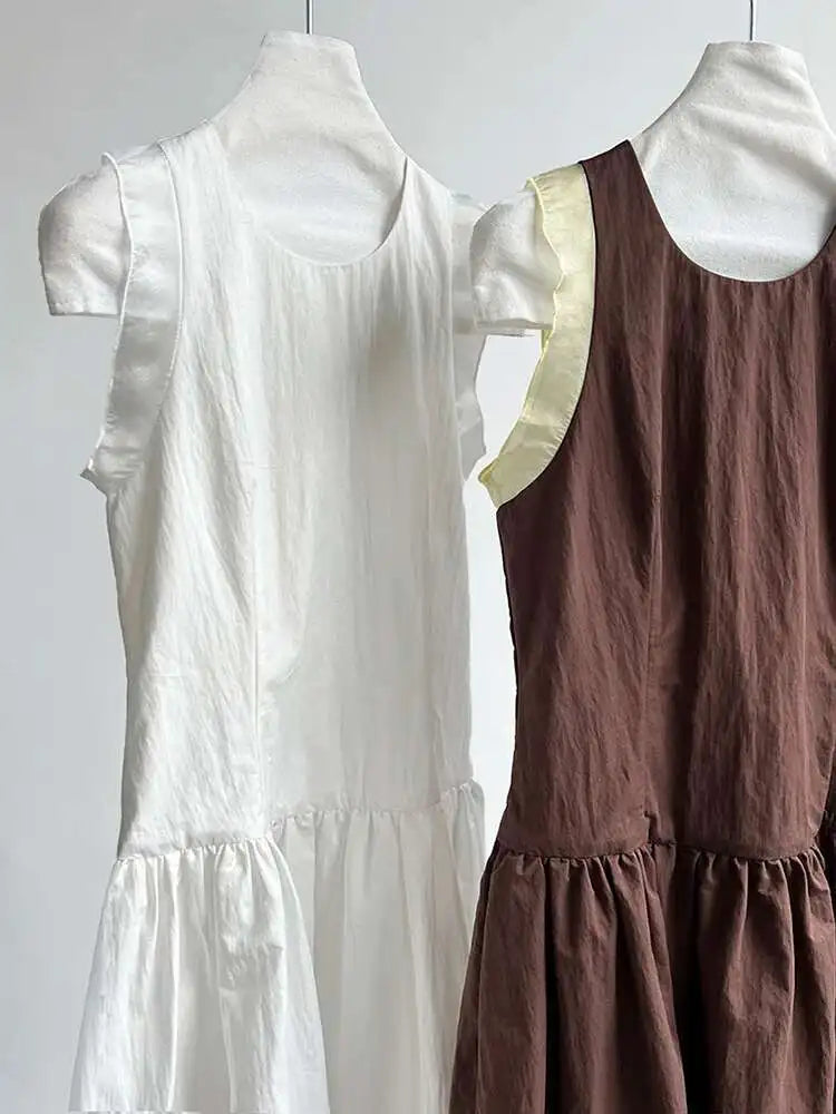 Women Coffee Color-block Elegant Long Vest Dress New Round Neck Sleeveless Fashion Tide Spring Summer 2025 1DJ0743