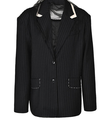 Women Black Striped Topstitched Big Size Blazer New Lapel Long Sleeve Loose Fit Jacket Fashion Spring Autumn 2025 17A6435