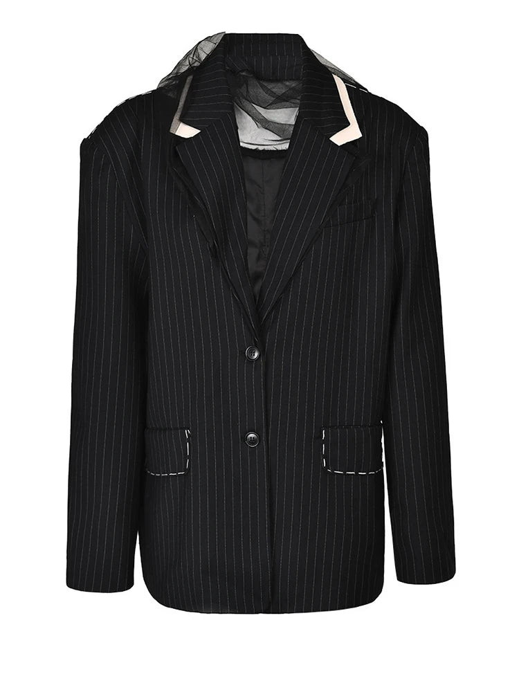 Women Black Striped Topstitched Big Size Blazer New Lapel Long Sleeve Loose Fit Jacket Fashion Spring Autumn 2025 17A6435