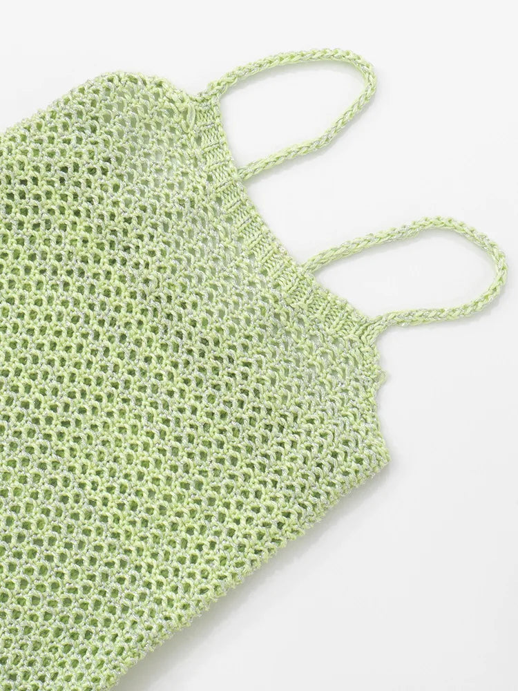 Spaghetti Strap Tassel Knit Mini Dress Women Summer New Hollow Out See Through Backless Beach Holiday Club Dress