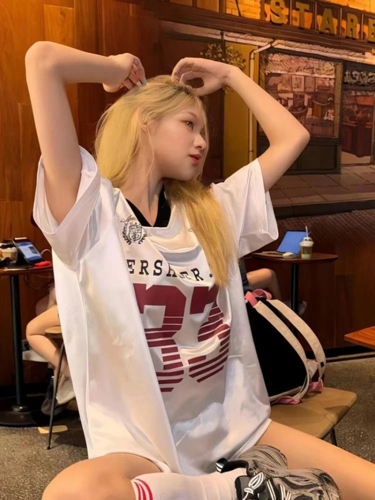 2025 Y2k Aesthetic Vintage Casual Tees Streetwear Letter Printing Oversized Tshirts Harajuku Summer Women Preppy Grunge T-shirt