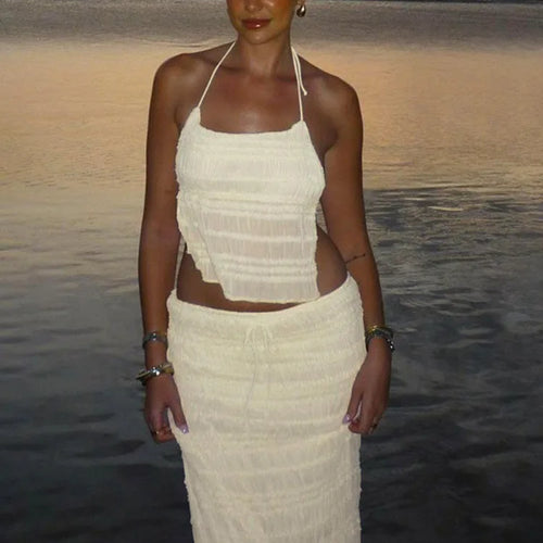 Load image into Gallery viewer, Chiffon Lace Sexy Skirt Two Piece Sets Women Halter Crop Tops And Maxi Skirt Ladies Fashion Woman Long Dress Set
