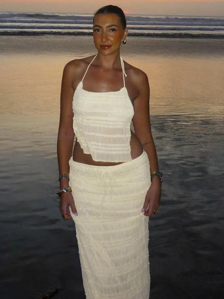 Chiffon Lace Sexy Skirt Two Piece Sets Women Halter Crop Tops And Maxi Skirt Ladies Fashion Woman Long Dress Set