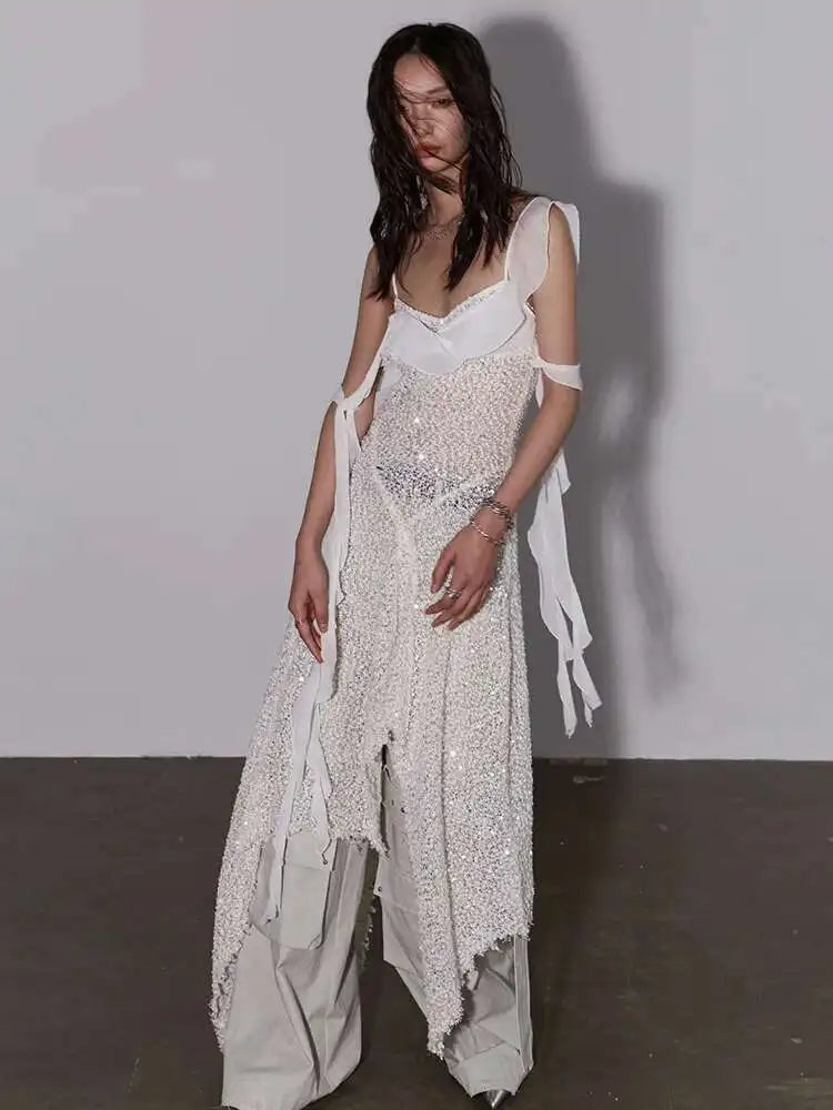 Women Beige Burr Perspective Sequins Irregular Long Spaghetti Strap Dress New Fashion Tide Spring Autumn 2025 1DH4725