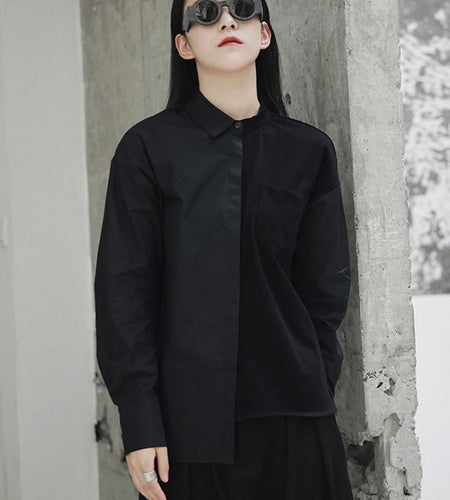 Women Black Color-block Vintage Big Size Blouse New Lapel Long Sleeve Loose Fit Shirt Fashion Spring Autumn 2025 JH418