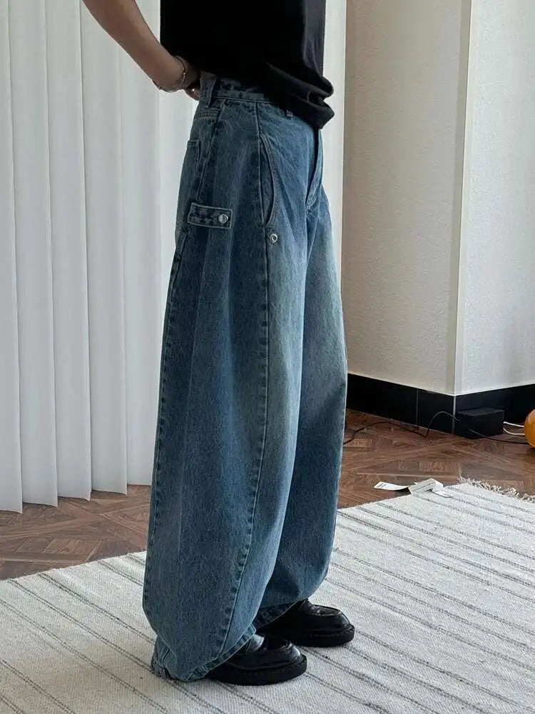 High Waist Blue Denim Shaped Buckle Long Casual Wide Leg Jeans New Women Trousers Fashion Tide Spring Autumn 2025 1DH9091