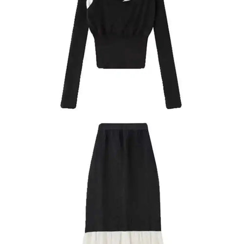 Load image into Gallery viewer, Color-block Knitting T-shirt Half-body Skirt Two Pieces Suit New Round Neck Women Fashion Spring Autumn 2025 1DH4959
