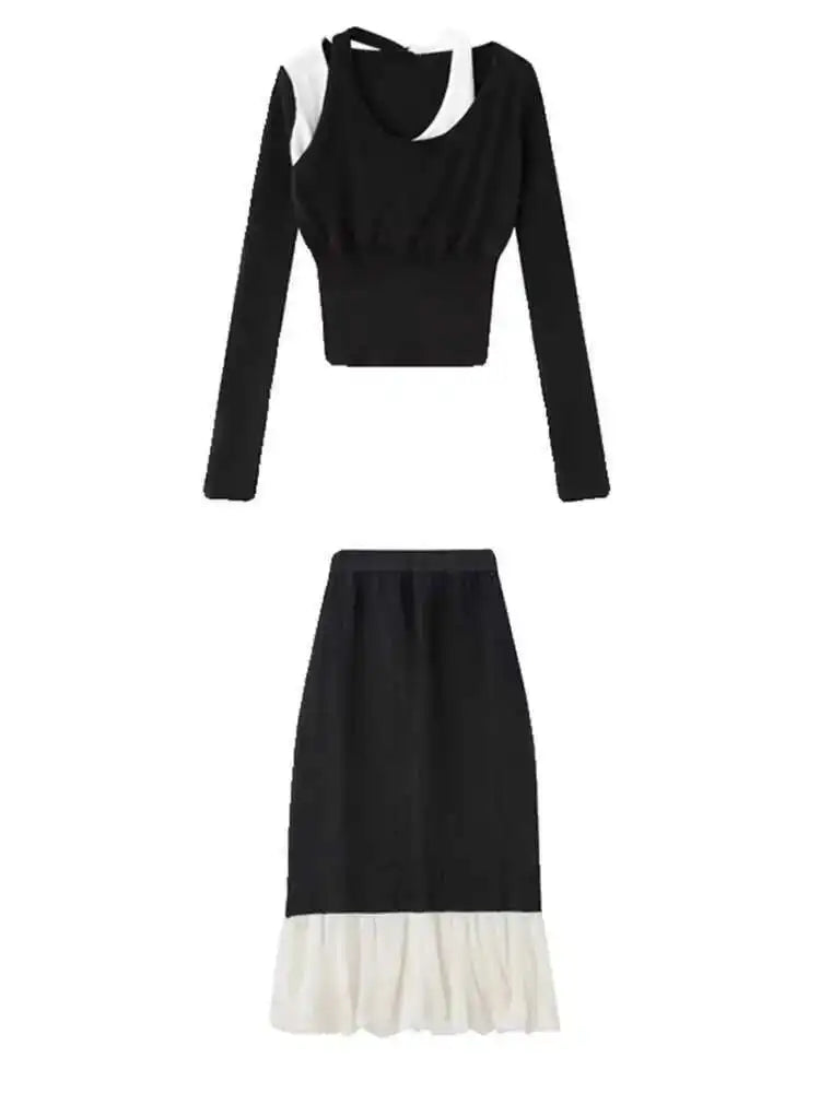 Color-block Knitting T-shirt Half-body Skirt Two Pieces Suit New Round Neck Women Fashion Spring Autumn 2025 1DH4959