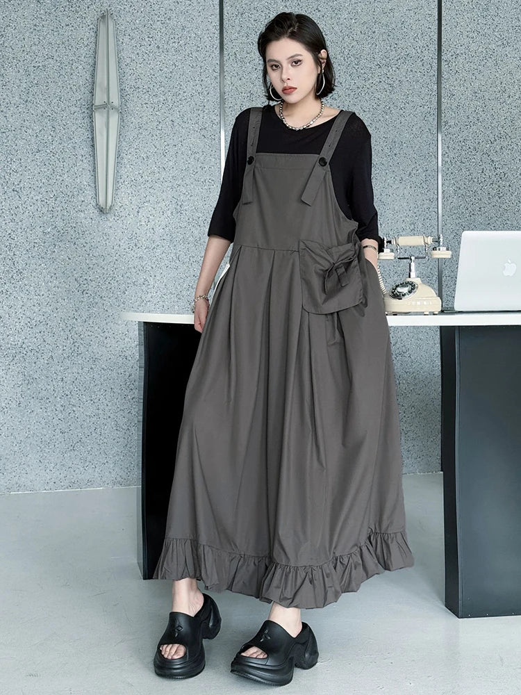 Women Black Ruffles Pocket Big Size Midi Strap Dress New Square Collar Sleeveless Fashion Tide Spring Autumn 2025 1DJ1158