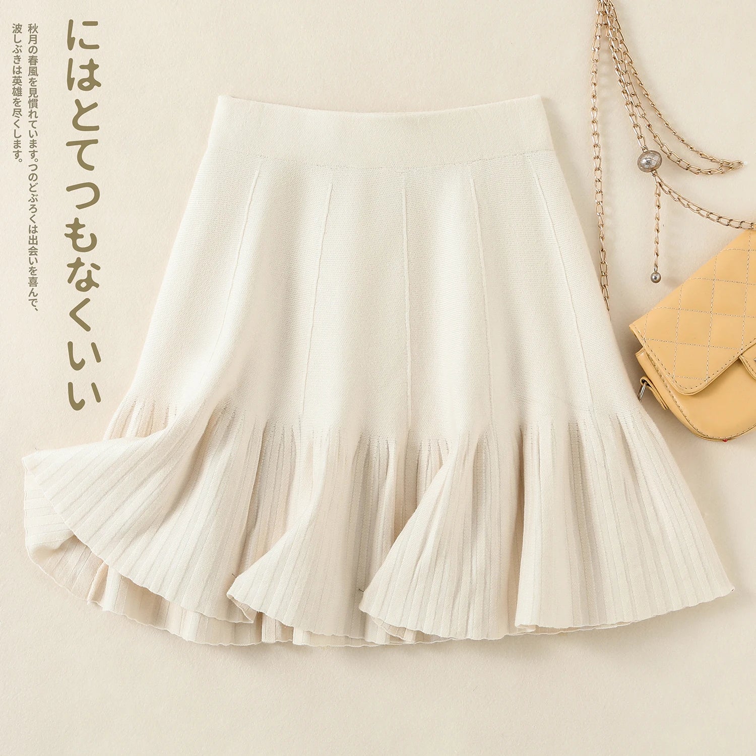 Korean Fashion Autumn Winter Warm Women Solid Knitted Short Skirt High Waist Ruffle Edge A-line Pleated Skirt 2024 New Versatile