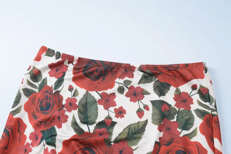 Floral Print Sexy Skirt Two Piece Sets Women Fashion Sleeveless Crop Tops And Long Skirt Femme Printed Two Piece Sets