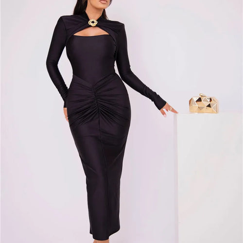Load image into Gallery viewer, Hollow Out Long Sleeve Sexy Maxi Dress For Women Gown Autumn Winter New Metal Buckle Ruched Slit Long Dress Elegant
