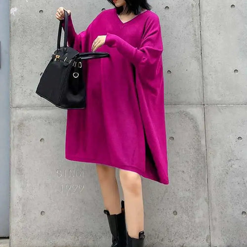 Load image into Gallery viewer, Women Blue Knitting Big Size Mini Dress New V-Neck Long Batwing Sleeve Loose Fit Fashion Tide Spring Autumn 2025 1DF9758
