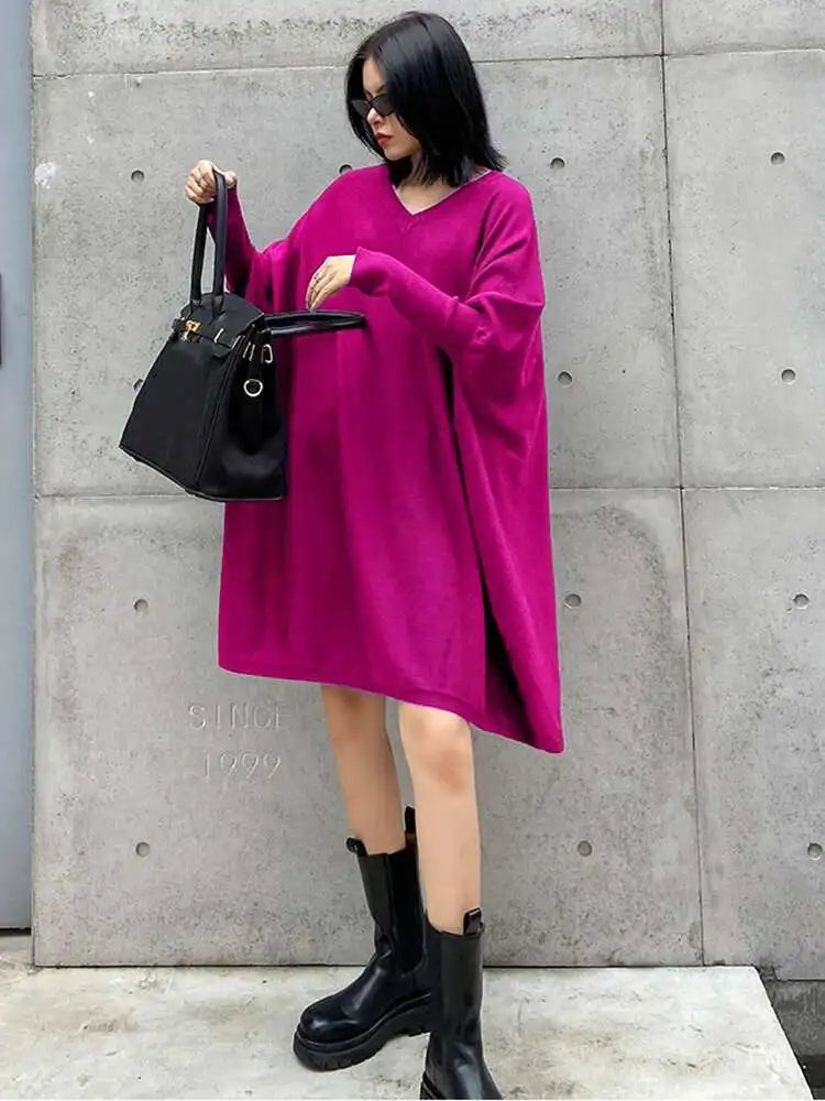Women Blue Knitting Big Size Mini Dress New V-Neck Long Batwing Sleeve Loose Fit Fashion Tide Spring Autumn 2025 1DF9758