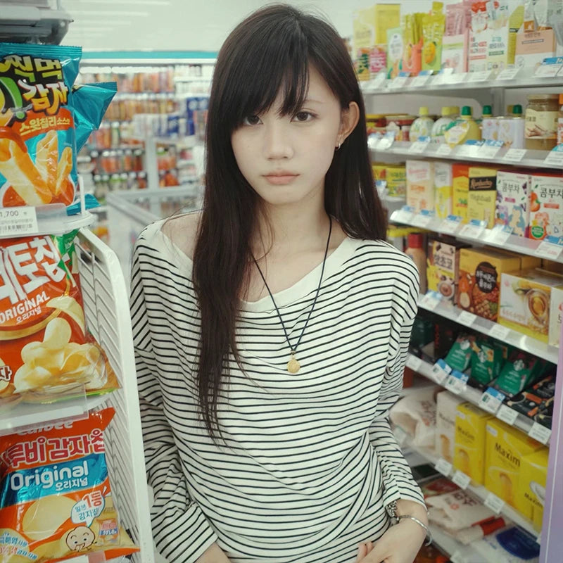 Japanese Y2k Long Sleeve Striped T-shirt 2000s Lazy Style Knitted Tops Vintage Harajuku Knit T Shirt American Retro 90s