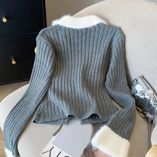 Load image into Gallery viewer, French Fashion Women Black Beige Patchwork Elegant Long Sleeve Sweaters 2024 New Autumn Winter Vintage Lace-up Knit Cotton Tops
