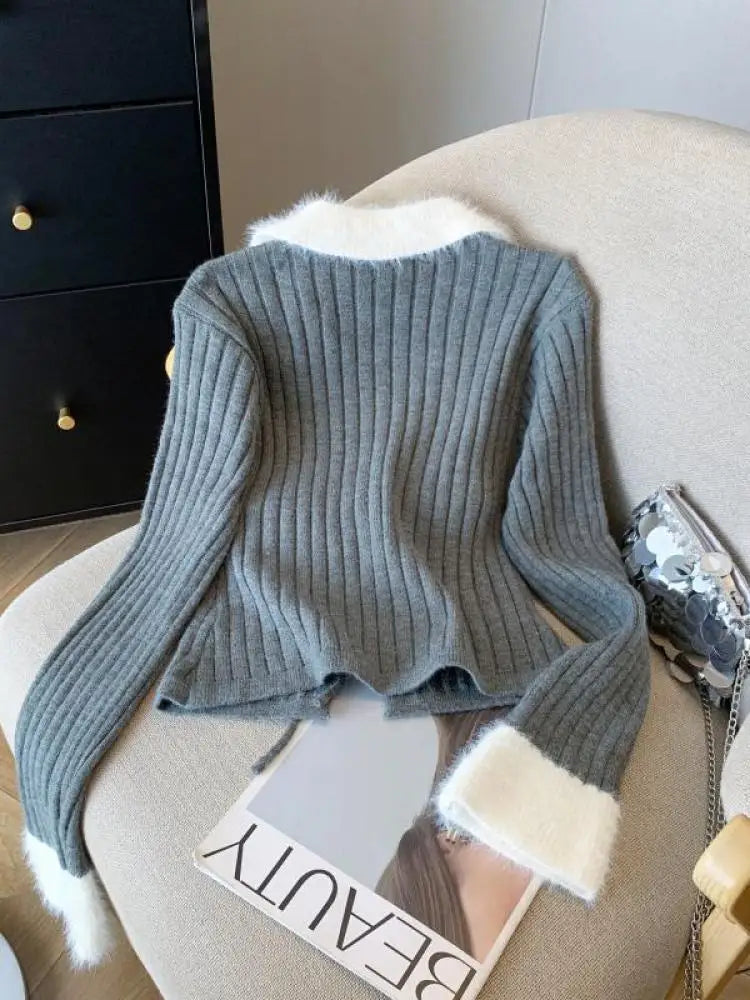 French Fashion Women Black Beige Patchwork Elegant Long Sleeve Sweaters 2024 New Autumn Winter Vintage Lace-up Knit Cotton Tops