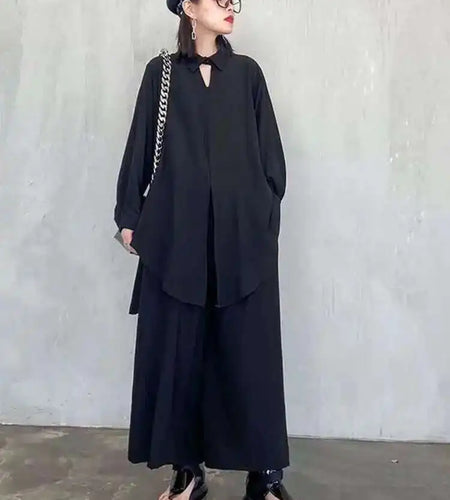 Wide Leg Pants Big Size Two Piece Suit New Lapel Long Sleeve Black Loose Fit Women Fashion Tide Spring Autumn 2025 1DF0685
