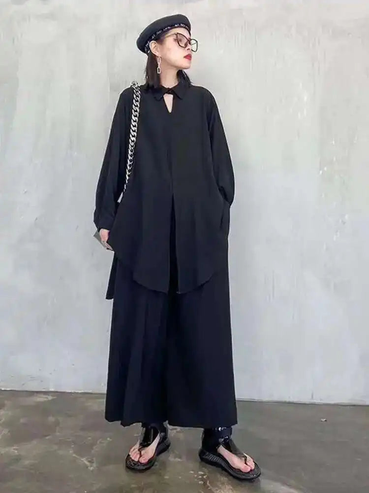 Wide Leg Pants Big Size Two Piece Suit New Lapel Long Sleeve Black Loose Fit Women Fashion Tide Spring Autumn 2025 1DF0685