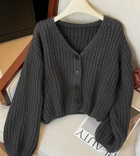 Autumn Winter Grey Single Breasted Long Sleeves Sweater Korean Fashion Women Holiday Cardigan Knitted Tops Casual Versatile Chic