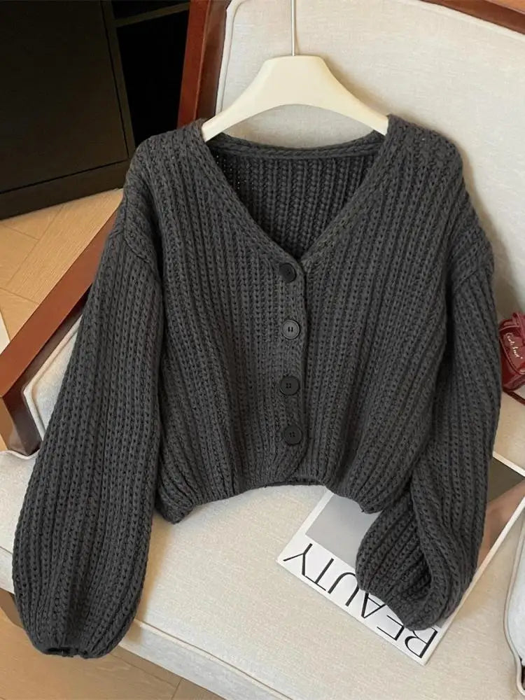 Autumn Winter Grey Single Breasted Long Sleeves Sweater Korean Fashion Women Holiday Cardigan Knitted Tops Casual Versatile Chic
