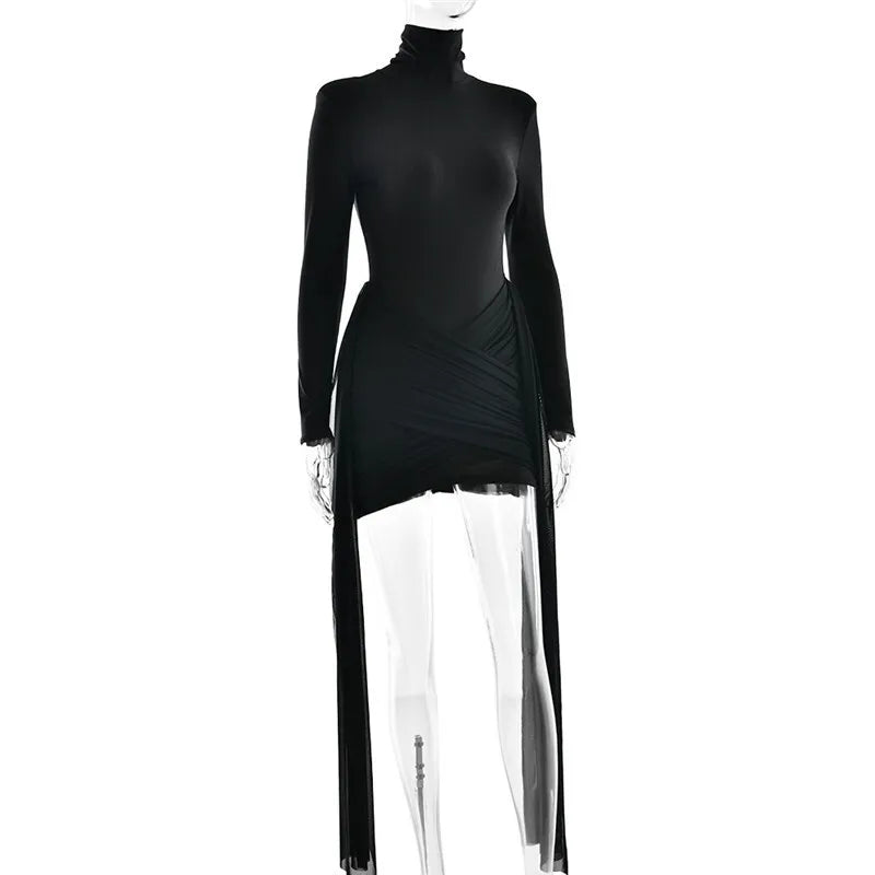 Turtleneck Long Sleeve Sexy Mini Dress For Women New Fashion Draped Ruched Bodycon Club Party Dress Elegant New Dresses