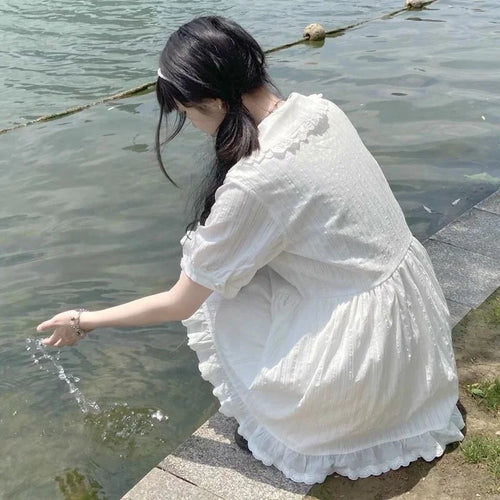 Load image into Gallery viewer, Kawaii White Lolita Dress Women Soft Girl Sweet Princess Ruffle Elegant Dresses Peter Pan Colalr Button Summer
