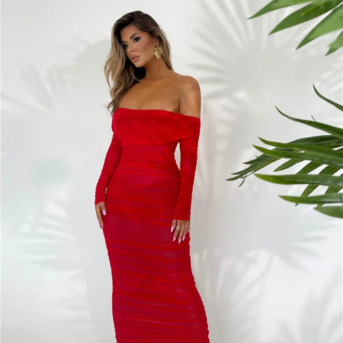 Load image into Gallery viewer, Off-shoulder Long Sleeve Sexy Maxi Dress For Women Autumn New Strapless Backless Bodycon Ruched Party Long Dress
