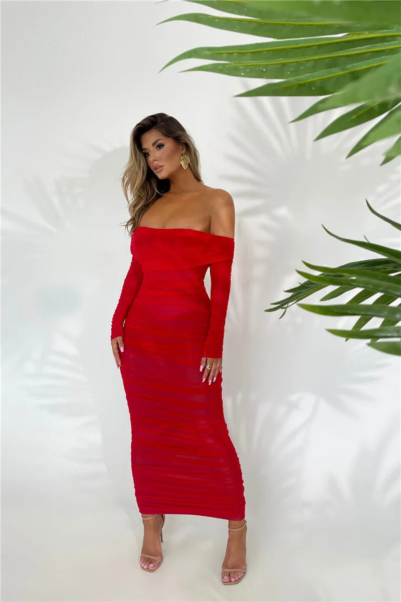 Off-shoulder Long Sleeve Sexy Maxi Dress For Women Autumn New Strapless Backless Bodycon Ruched Party Long Dress