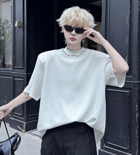 Summer Men's T-shirts Solid Color Round Neck Loose Male Back Zipper Bead Decoration Short Sleeve Casual Top 9W1498