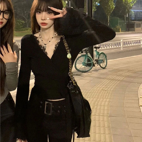 Load image into Gallery viewer, 2025 Y2k Aesthetic Lace Patchwork Crop Top Streetwear Harajuku Women Vintage T-shirt  Streetwear V Neck Bottoming Grunge Tees
