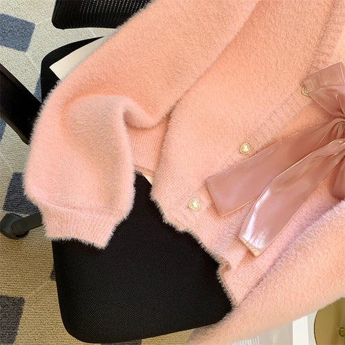 Load image into Gallery viewer, Sweet Pink Single Breasted Imitation Mink Sweater Jacket For Women&#39;s 2024 Autumn Winter New Bow Decorate Knit Cardigan Tops Chic
