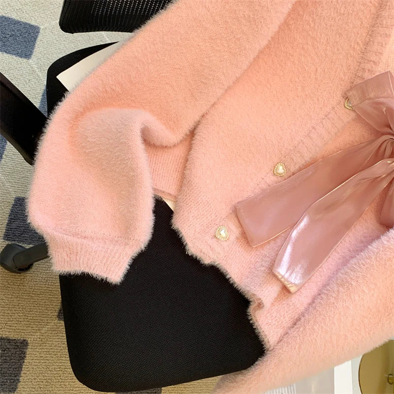 Sweet Pink Single Breasted Imitation Mink Sweater Jacket For Women's 2024 Autumn Winter New Bow Decorate Knit Cardigan Tops Chic