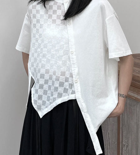 Women White  Plaid Irregular Hem Big Size T-shirt New Round Neck Short Sleeve Fashion Tide Spring Summer 2025 1DJ1674