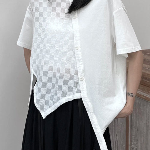 Load image into Gallery viewer, Women White  Plaid Irregular Hem Big Size T-shirt New Round Neck Short Sleeve Fashion Tide Spring Summer 2025 1DJ1674
