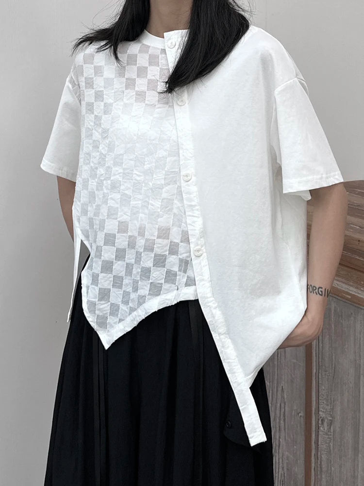 Women White  Plaid Irregular Hem Big Size T-shirt New Round Neck Short Sleeve Fashion Tide Spring Summer 2025 1DJ1674