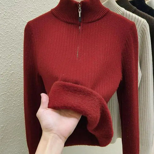 Load image into Gallery viewer, Simplicity 2024 Autumn Winter Solid Velvet Elegant Festival Sweater Korean Fashion Women Long Sleeve Half Zipper Knit Tops Thick
