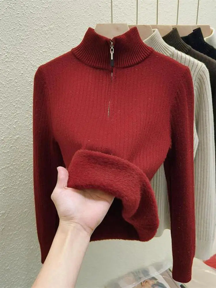 Simplicity 2024 Autumn Winter Solid Velvet Elegant Festival Sweater Korean Fashion Women Long Sleeve Half Zipper Knit Tops Thick