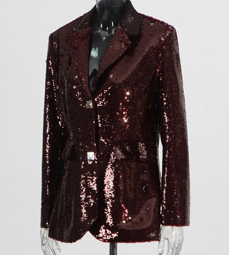 Solid Spliced Sequines Slimming Jackets For Women Lapel Long Sleeve Temperament Leather Coat Female Fashion Style