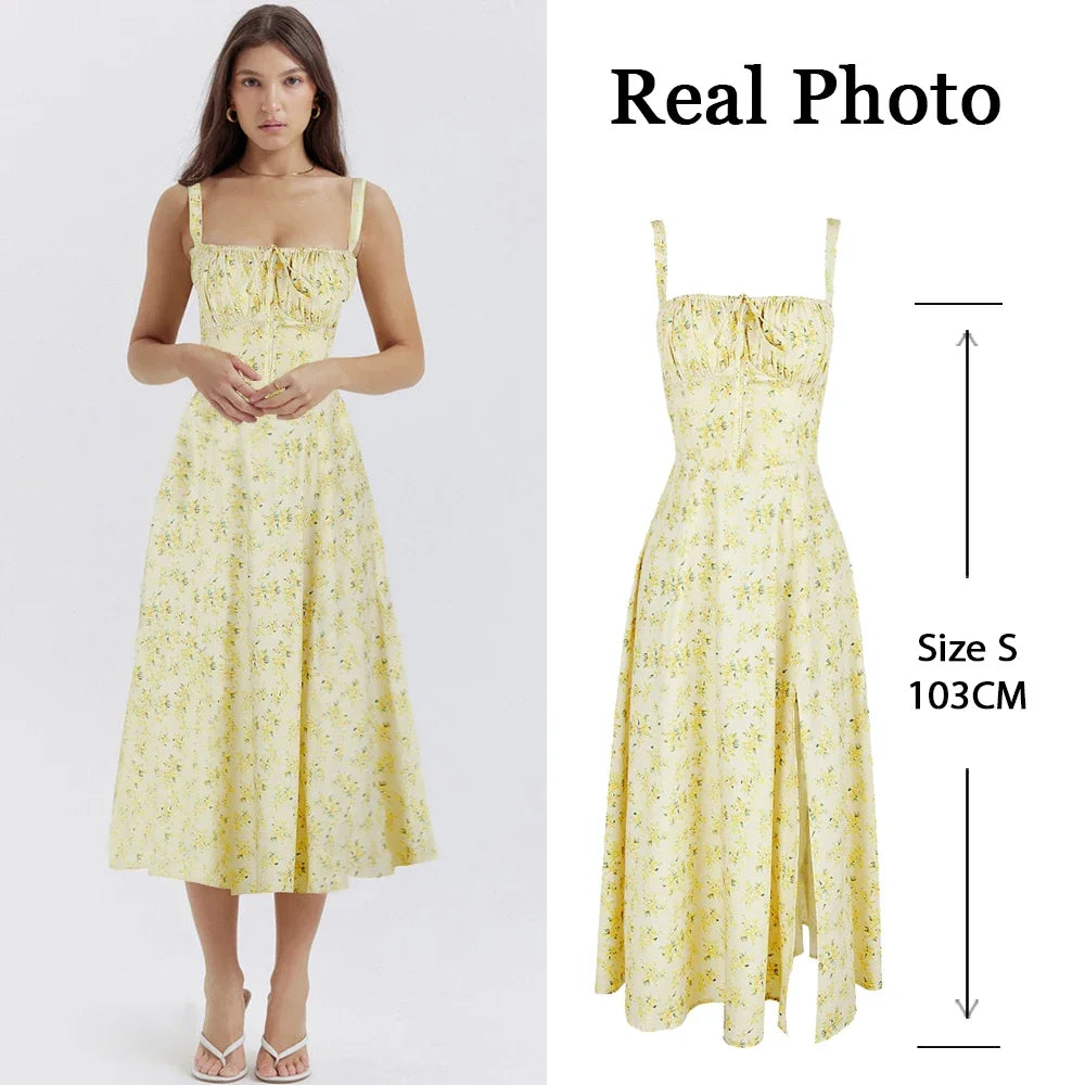 Women's Summer Floral Print Dresses Sweet Elegant Midi Holiday Dress Casual Slit Blue Lace Up Dresses 2023