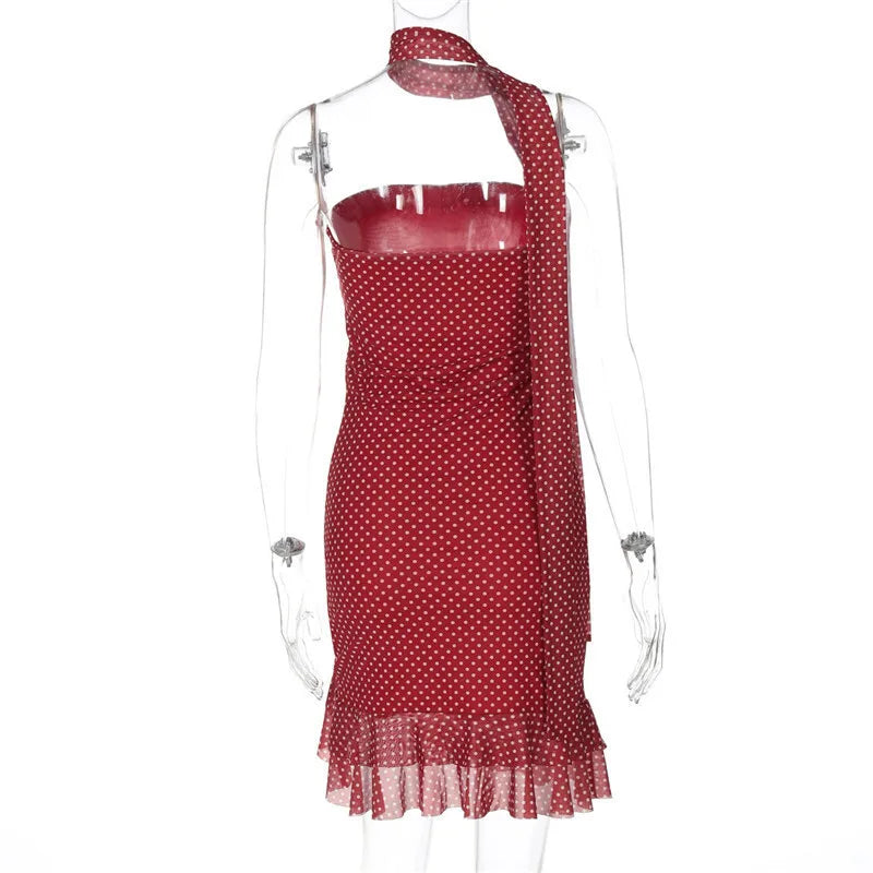 Scarf Collar Polka Dot Mini Dress Women Robe Fashion Off-shoulder Backless Sleeveless Ruffled Club Party Dress Vestido
