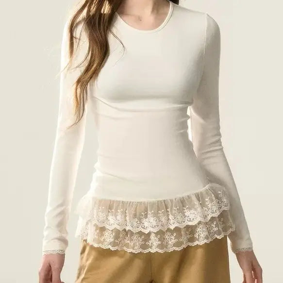 Y2k Aesthetic Women Cotton Casual T-shirt Streetwear Lace Patchwork Grunge Tshirts Harajuku Sweet White Basic Fairy Tee Femme